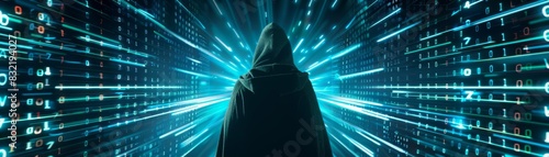 Cyber vigilante in action A shadowy figure cloaked in a hood, surrounded by a dynamic display of digital numbers, symbolizing the fight against cybercrime
