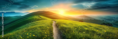 Scenic path winding through lush green hills at sunset with vibrant sky and glowing sunlight 