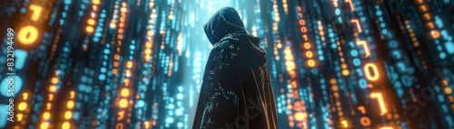 Digital underworld navigator A cloaked hacker stands amidst glowing streams of binary code, evoking a sense of cyber intrigue and digital depth photo
