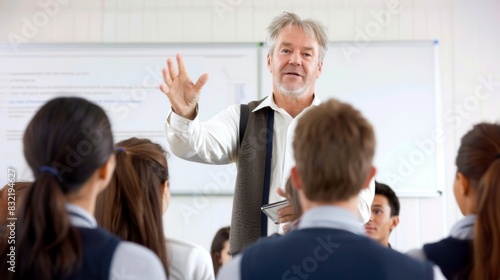 A man is giving a presentation to a large audience. The man is dressed in a suit and tie and is standing in front of a white board. The audience is attentive and listening to the man s presentation