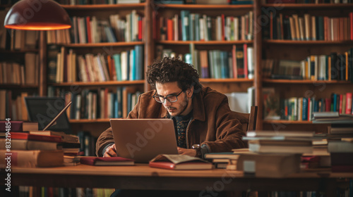 An individual deeply focused, surrounded by numerous books and a laptop in a library setting