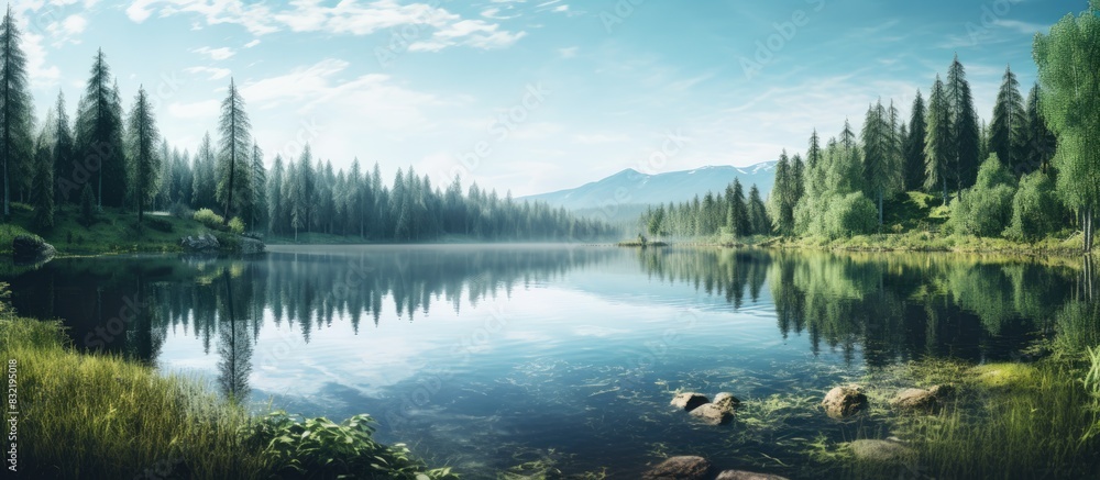 Fototapeta premium Lake through the trees lake in the forest. Creative banner. Copyspace image