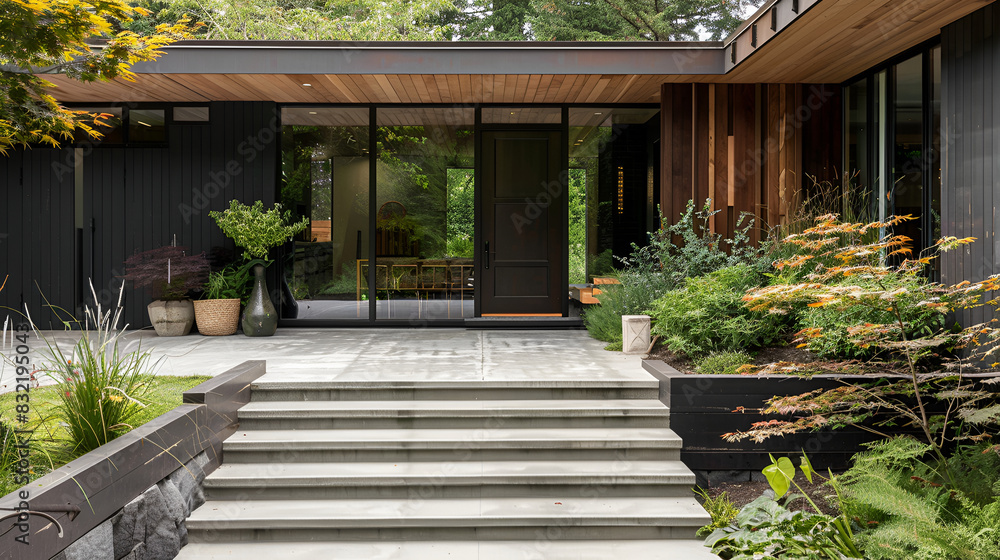 Main entry in family house. Modern exterior of house with door and plants in front yard Front view of doorway in residential building,Luxury modern home showcase exterior patio behind glass near Main entry in family house. Modern exterior of house with door and plants in front yard Front view of doorway in residential building,Luxury modern home showcase exterior patio behind glass near