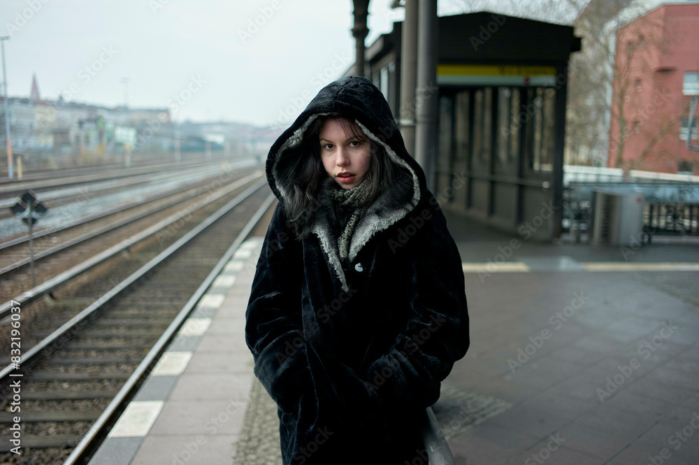 A woman stands on a train platform on a cloudy day, wearing a black coat with a fur-lined hood and looking intently at the camera. A woman stands on a train platform on a cloudy day, wearing a black coat with a fur-lined hood and looking intently at the camera.