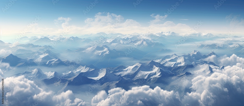 View of snowcapped peaks in the Alps Mountain range with pastures below Valley of Savoie in summer seen from above. Creative banner. Copyspace image View of snowcapped peaks in the Alps Mountain range with pastures below Valley of Savoie in summer seen from above. Creative banner. Copyspace image