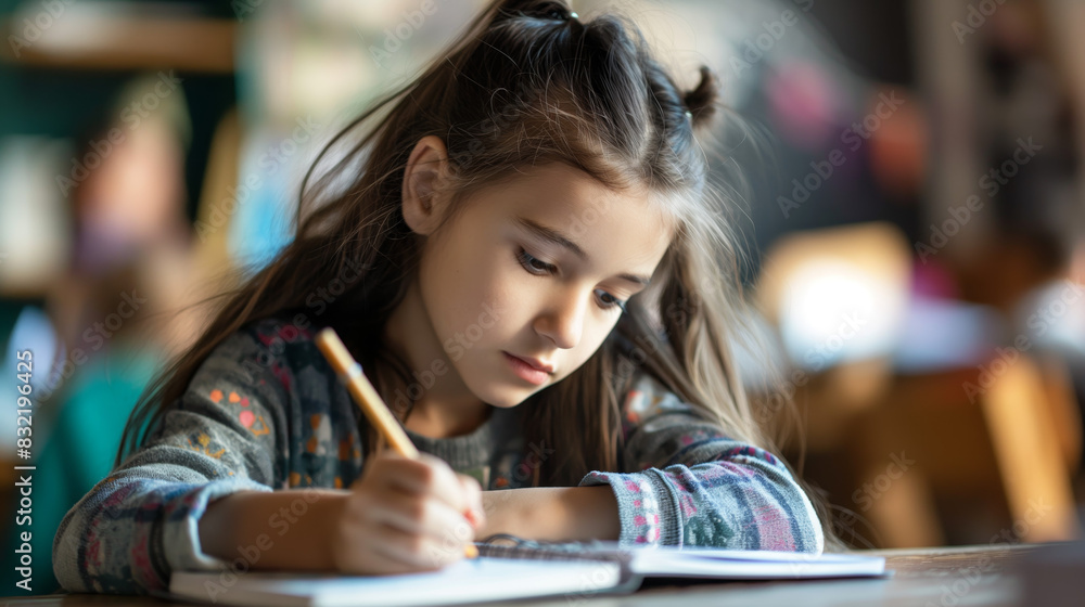 Close-up of a child in a classroom setting attentively writing in a book with a pencil, focus on learning and education Close-up of a child in a classroom setting attentively writing in a book with a pencil, focus on learning and education