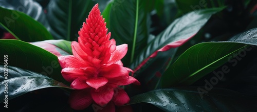 A selective focus shot of growing red Ginger Zingiber officinale flower with leaves. Creative banner. Copyspace image photo