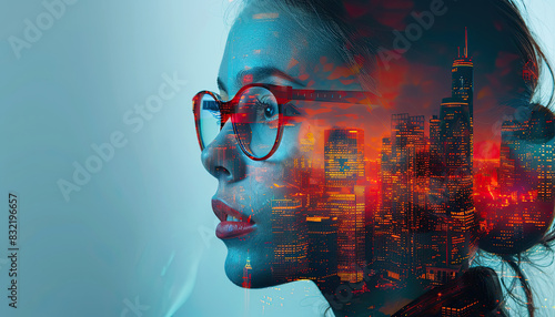 A woman is standing in front of a city skyline with a blurry background by AI generated image photo