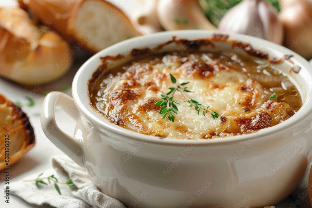 Delectable French Onion Soup in Ceramic Bowl Topped with Melted Cheese and Fresh Herbs Delectable French Onion Soup in Ceramic Bowl Topped with Melted Cheese and Fresh Herbs