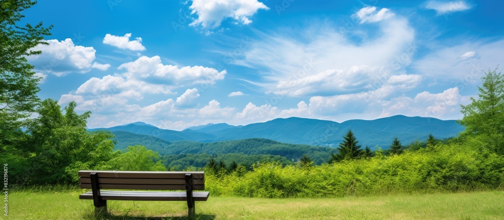 Obraz premium mountains green forest meadow blue sky and white clouds and with a bench for rest in the foreground. Creative banner. Copyspace image