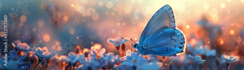 Ethereal depiction of a solitary blue butterfly in a softfocus landscape, where light and color blend to create a serene natural tableau photo