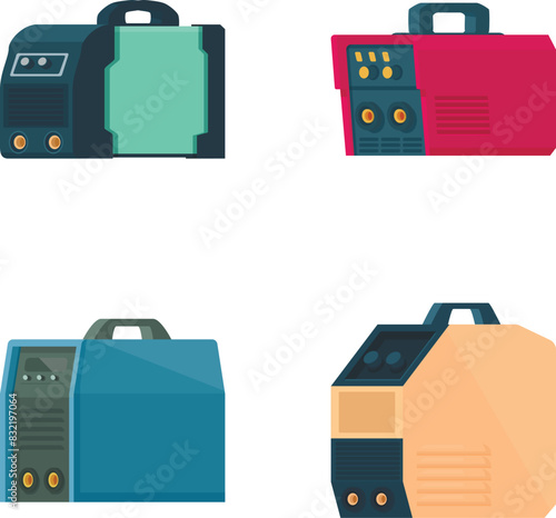 Collection of four colorful cartoonstyle welding machines, isolated on white background