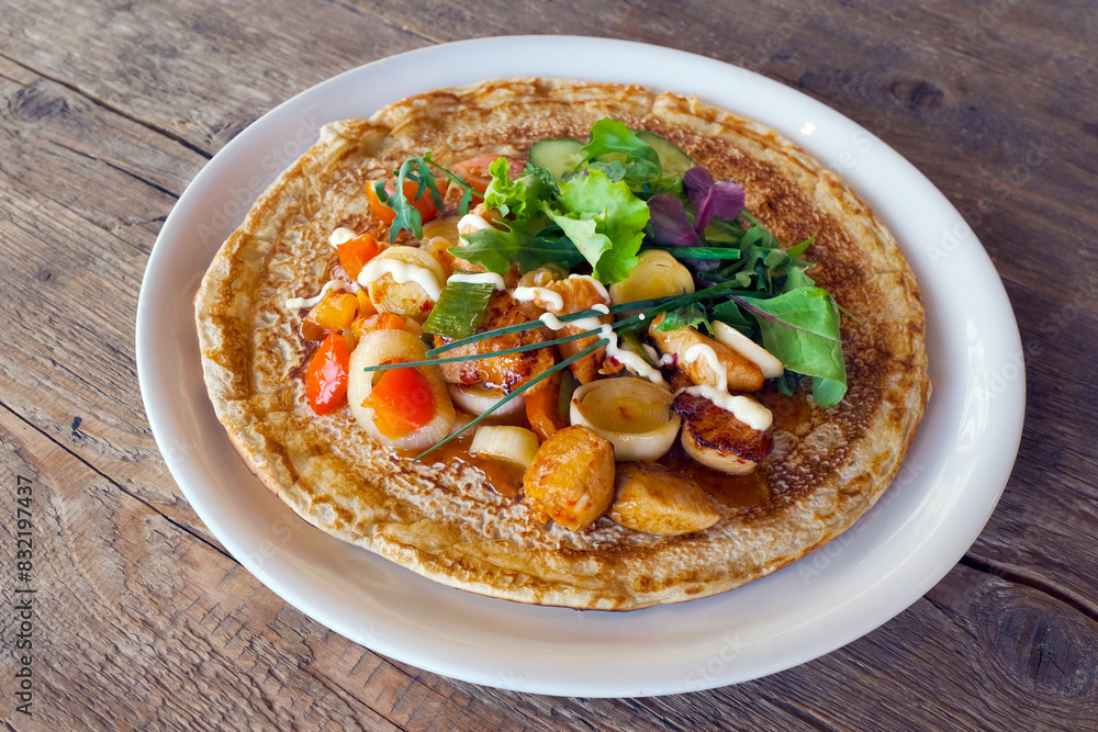 Big Pancake Dutch Holland Netherlands BBQ Greens Chicken Meat Pepper Tomato Big Pancake Dutch Holland Netherlands BBQ Greens Chicken Meat Pepper Tomato