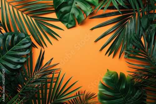 Tropical palm leaves on orange background with copy space for travel  fashion  beauty  and business concepts