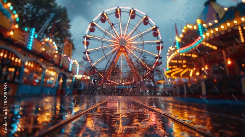 Low angle view of Ferris Wheel sets against a cloudy sky with glistening rain-soaked surfaces
