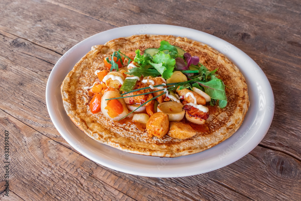 Big Pancake Dutch Holland Netherlands BBQ Greens Chicken Meat Pepper Tomato Big Pancake Dutch Holland Netherlands BBQ Greens Chicken Meat Pepper Tomato