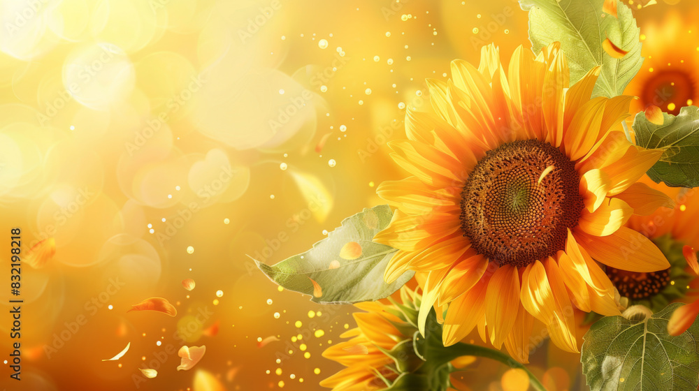 Fototapeta premium Close-up of a sunflower blooming under golden sunlight with petals and leaves, evoking warmth and positivity.