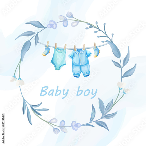 Cute blue baby round frame watercolor for newborn shower invitations
