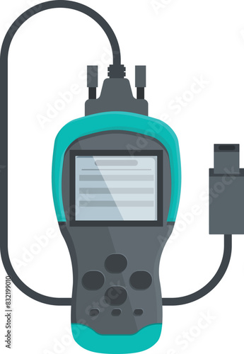 Vector graphic of a modern obd2 scanner for vehicle diagnostics, with a clear display and connector photo