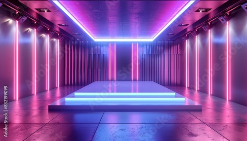 A futuristic hologram projecting a glowing portal above a sleek podium with vibrant neon lights.