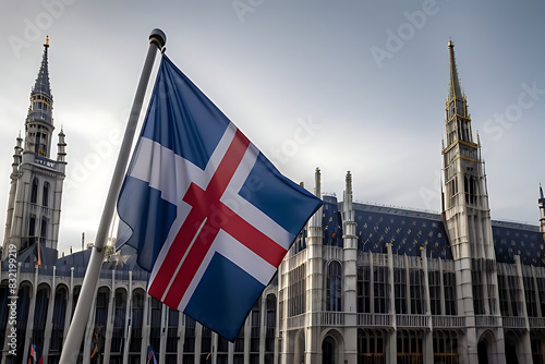 Brus building Parliament European front waving flags EU europa flag union commission brussels government summit belgium community business architecture euro background office law economy