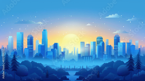 A vibrant, colorful illustration of a modern city skyline at sunrise, surrounded by trees and nature.