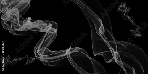 White smoke collection on isolated black background. Collection swirling movement of white smoke group, abstract line Isolated on black background. abstract smoke on black background. 