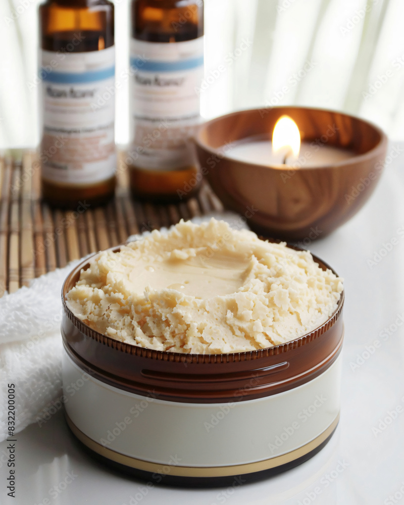 Creating a tranquil spa atmosphere at home with natural wellness products and a glowing candle Creating a tranquil spa atmosphere at home with natural wellness products and a glowing candle