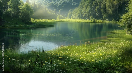 A picturesque lake amid a verdant meadow photo