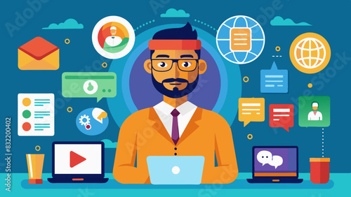 A set of flat design icons featuring an Indian man using various business communication tools like video conferencing and project management software. 