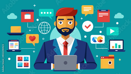 A set of flat design icons featuring an Indian man using various business communication tools like video conferencing and project management software. 
