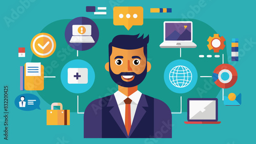 A set of flat design icons featuring an Indian man using various business communication tools like video conferencing and project management software. 
