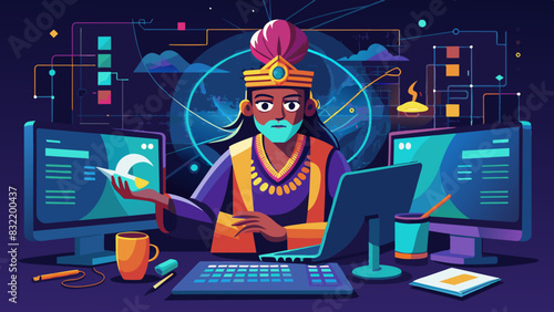 A whimsical vector of an Indian programmer focused on writing code, surrounded by lines of code and glowing computer monitors.
