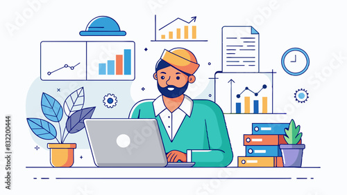 A minimalist line art design of an Indian accountant meticulously analyzing financial data on a spreadsheet. 
