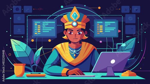 A whimsical vector of an Indian programmer focused on writing code, surrounded by lines of code and glowing computer monitors.
