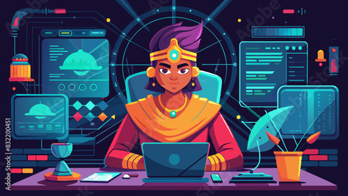 A whimsical vector of an Indian programmer focused on writing code, surrounded by lines of code and glowing computer monitors.
