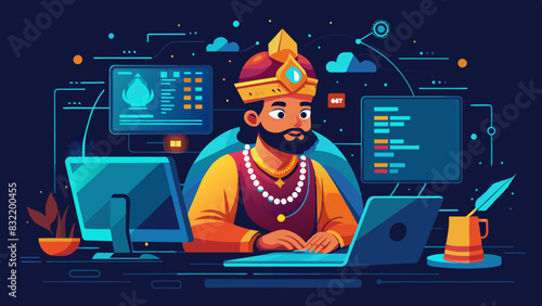 A whimsical vector of an Indian programmer focused on writing code, surrounded by lines of code and glowing computer monitors.
