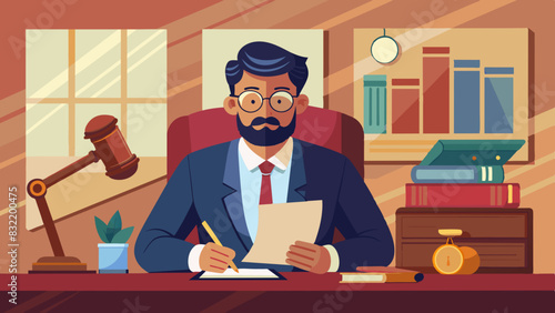 A detailed vector graphic of an Indian lawyer reviewing legal documents with a serious expression and a gavel on the desk