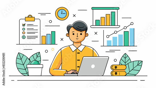 A minimalist line art design of an Indian accountant meticulously analyzing financial data on a spreadsheet. 
