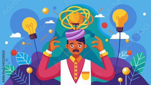 A colorful illustration of an Indian problem-solver looking at a tangled mess of ideas, with a light bulb popping up above his head representing a solution