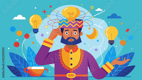 A colorful illustration of an Indian problem-solver looking at a tangled mess of ideas, with a light bulb popping up above his head representing a solution