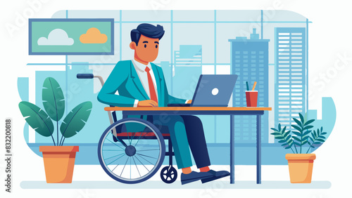 Indian businessman in a wheelchair, working confidently on a laptop in an accessible office space