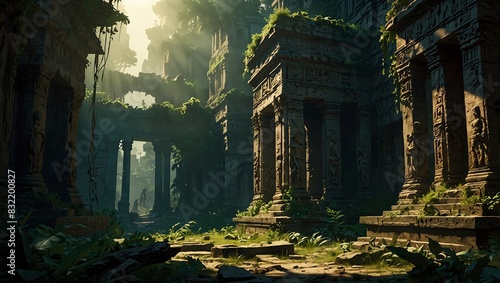 The image is of overgrown ruins in a jungle. photo