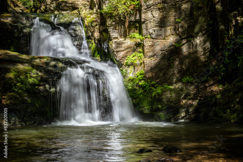 Amazing water cascade on stony creek in sunny summer forest photo