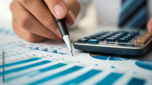 A financial analyst calculates interest rates and dividends, showcasing income and return on investment in percentage, with charts and graphs illustrating the dynamics of income, r photo