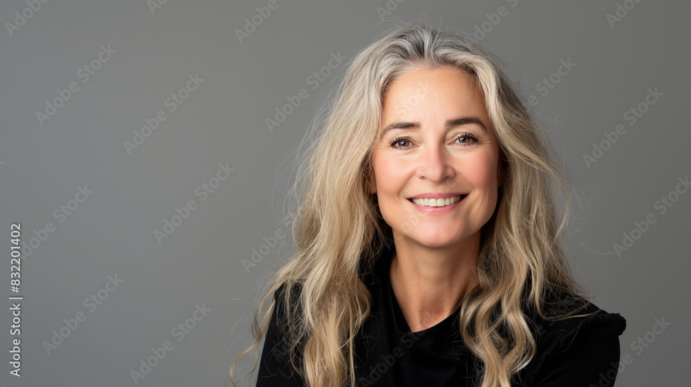 Fototapeta premium Smiling mature woman with glowing skin thanks to anti-aging dermatology treatments, set against a grey studio background, reflecting confidence, happiness, and self-care