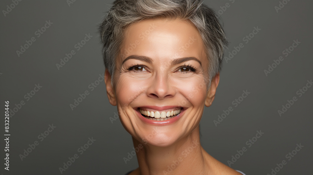 Radiant mature woman with a beautiful smile, her face glowing with anti-aging cosmetics, on a grey studio background, symbolizing confidence, happiness, and self-care Radiant mature woman with a beautiful smile, her face glowing with anti-aging cosmetics, on a grey studio background, symbolizing confidence, happiness, and self-care