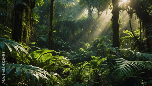 Sunlit rainforest with lush greenery  evoking a fantasy atmosphere.