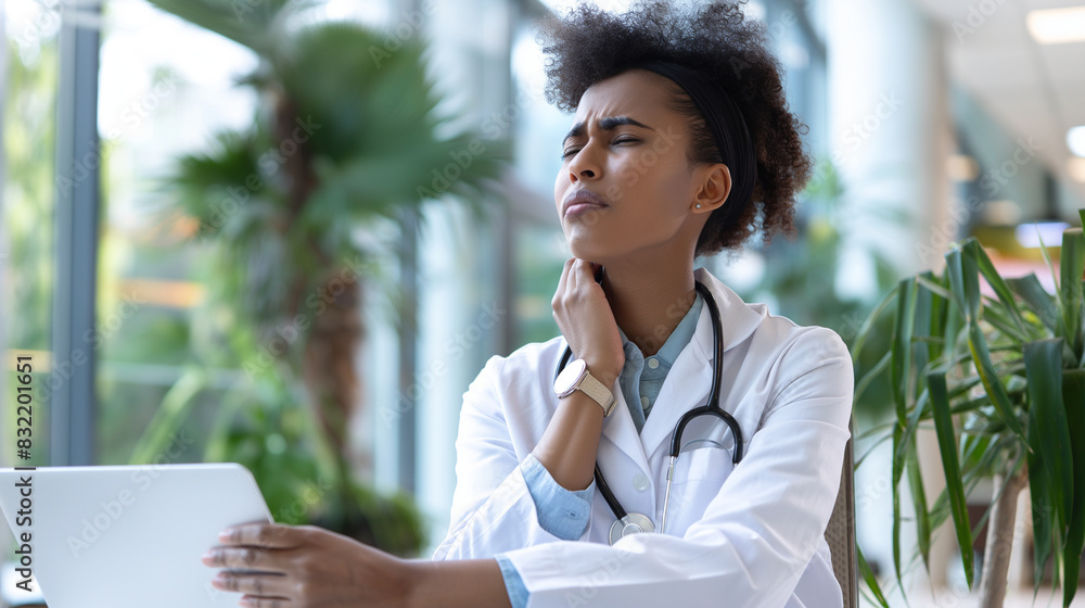 An African American woman doctor, seated and holding her neck in pain, reflecting the stress and muscular strain of overworking in a hospital, with a laptop in view An African American woman doctor, seated and holding her neck in pain, reflecting the stress and muscular strain of overworking in a hospital, with a laptop in view