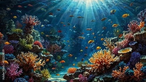 a colorful underwater scene with many types of fish swimming around a coral reef.